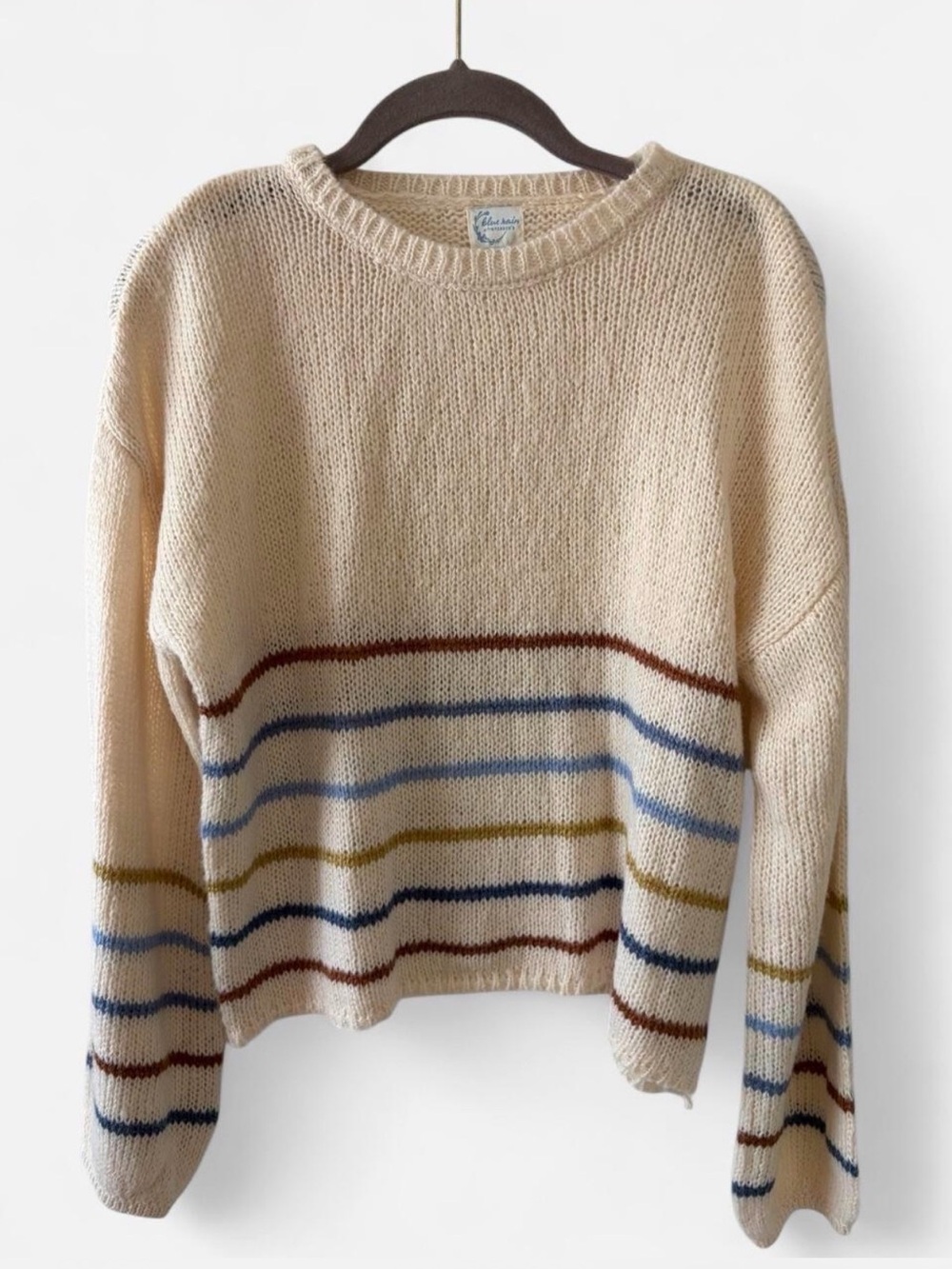 Blue Rain Cream Knit Sweater with Blue, Brown & Olive Stripes 05-02